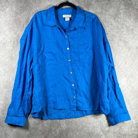 Rachel Zoe Linen Button Down Shirt Womens XL Extra Large Blue Long Sleeve - Picture 1 of 8